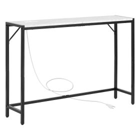 Marble Console Table, Modern Narrow Long Console Table with Power Outlet, Thin Sofa Side Table with Iron Tubes