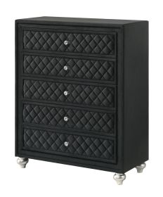 1pc Traditional Glam 5-Drawer Chest Velvet Tufted Drawer Front Faux Crystal Drawer Knobs Black