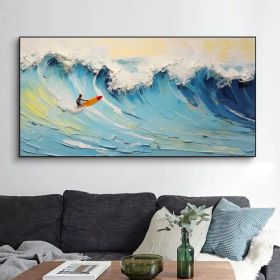 Original Blue and White Waves Painting on Canvas Hand Painted Ocean Oil Painting Sea Landscape Canvas Painting,Custom Painting Surfer Gifts (Style: 01, size: 40x80cm)