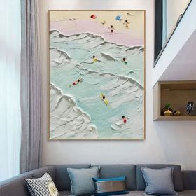 The Beach Joys Ocean Surfing Art Hand Painted Extra Large Heavy Textured 3D Minimalist Swimming Art Abstract Oil Painting Contemporary Art (Style: 01, size: 60x90cm)